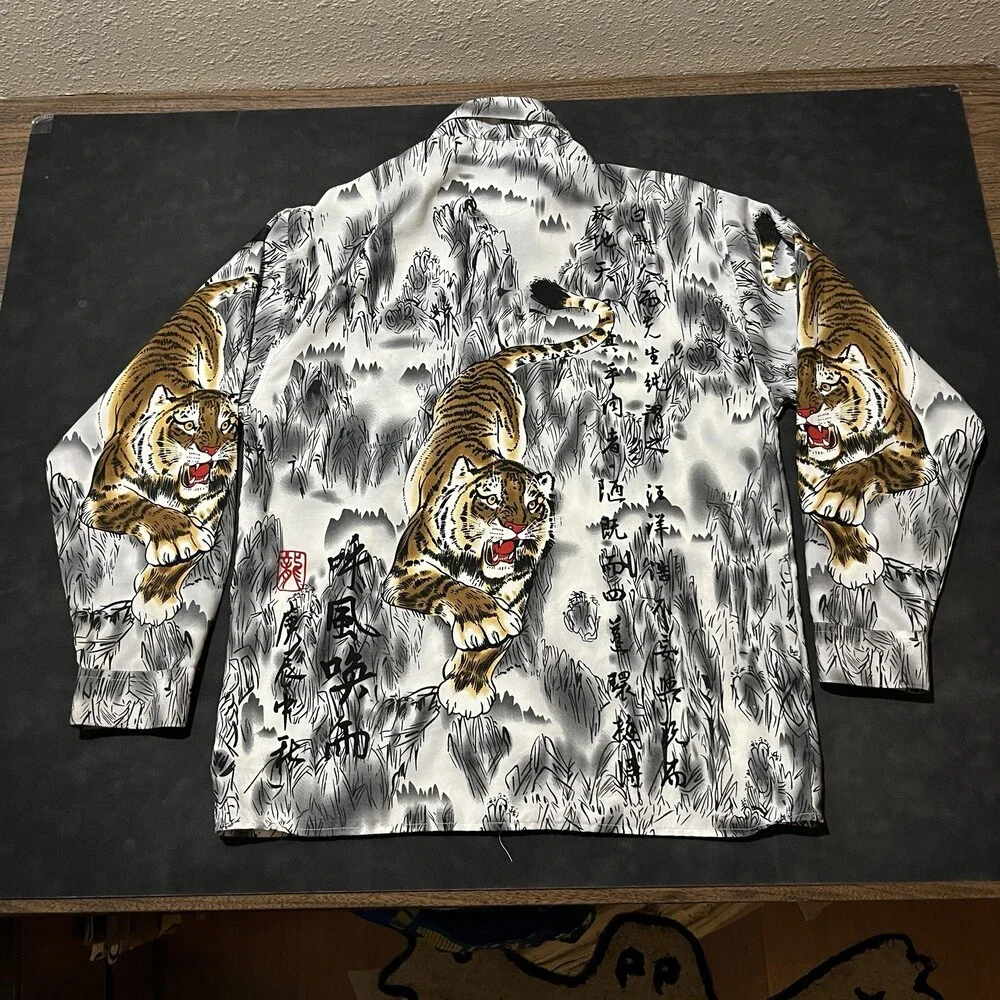 No Boundaries Green Yellow Dragon Abstract Asian Button Up Shirt Tiger Y2K AOP